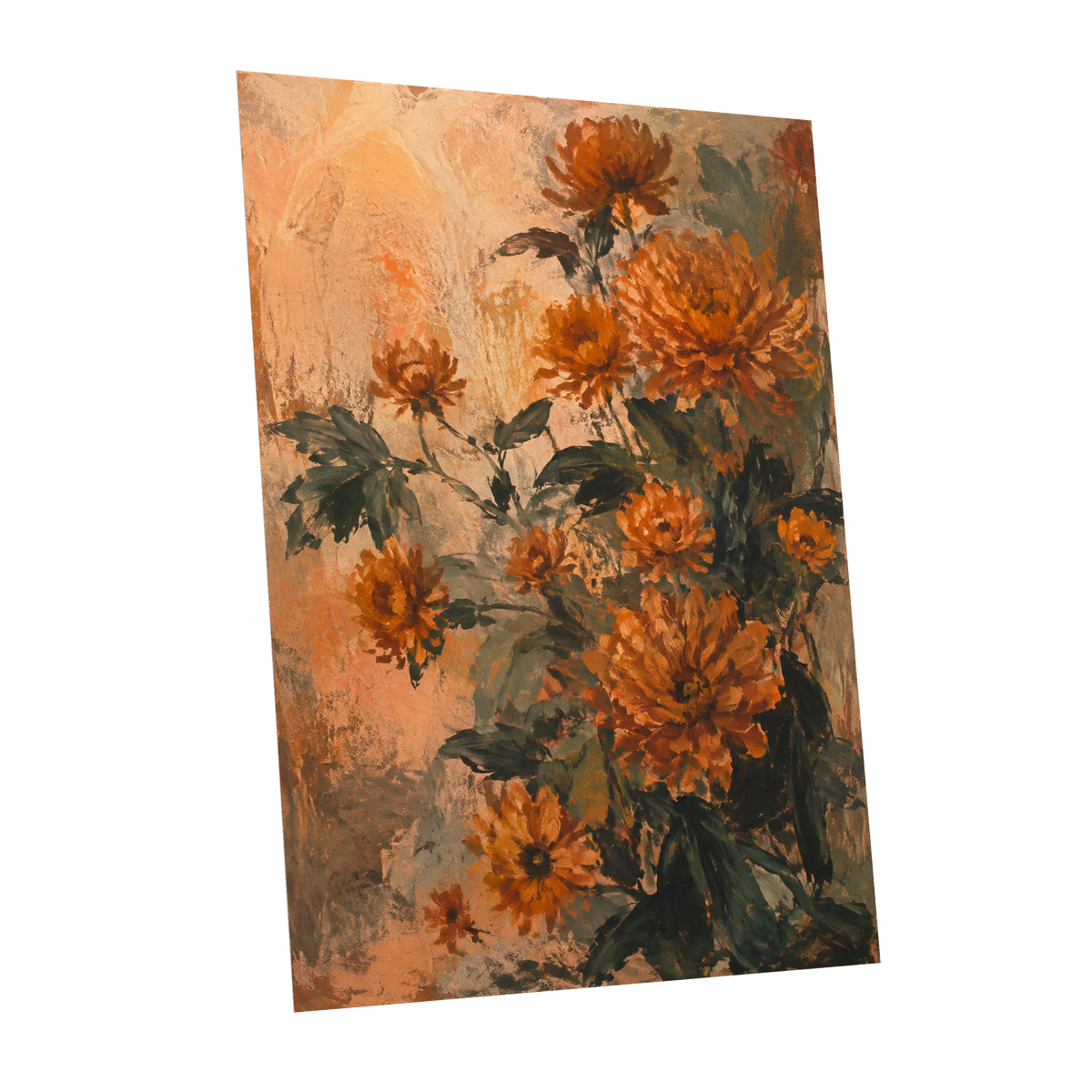 Amber Petal Reverie, orange, green, beige floral wall art shown as a unframed poster wall art print