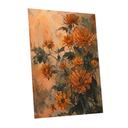 Amber Petal Reverie, orange, green, beige floral wall art shown as a unframed poster wall art print