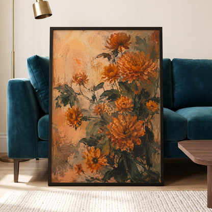 Amber Petal Reverie, orange, green, beige floral wall art displayed in a styled interior, gallery view 2