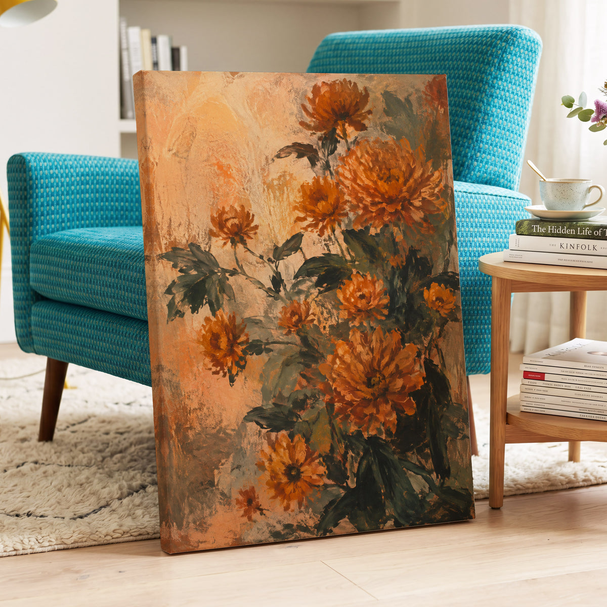 Amber Petal Reverie, orange, green, beige floral wall art displayed in a styled interior, gallery view 3