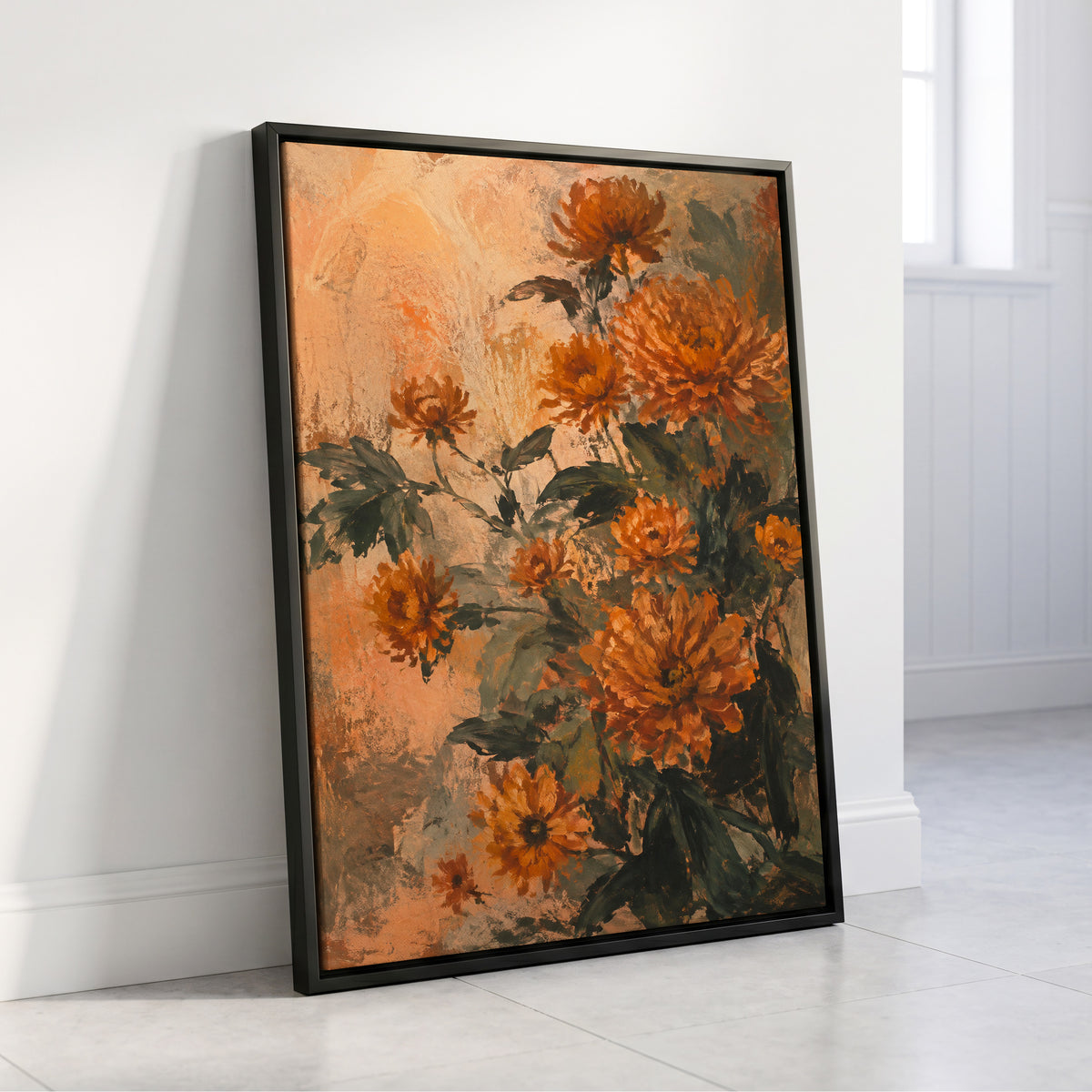 Amber Petal Reverie, orange, green, beige floral wall art displayed in a styled interior, gallery view 4