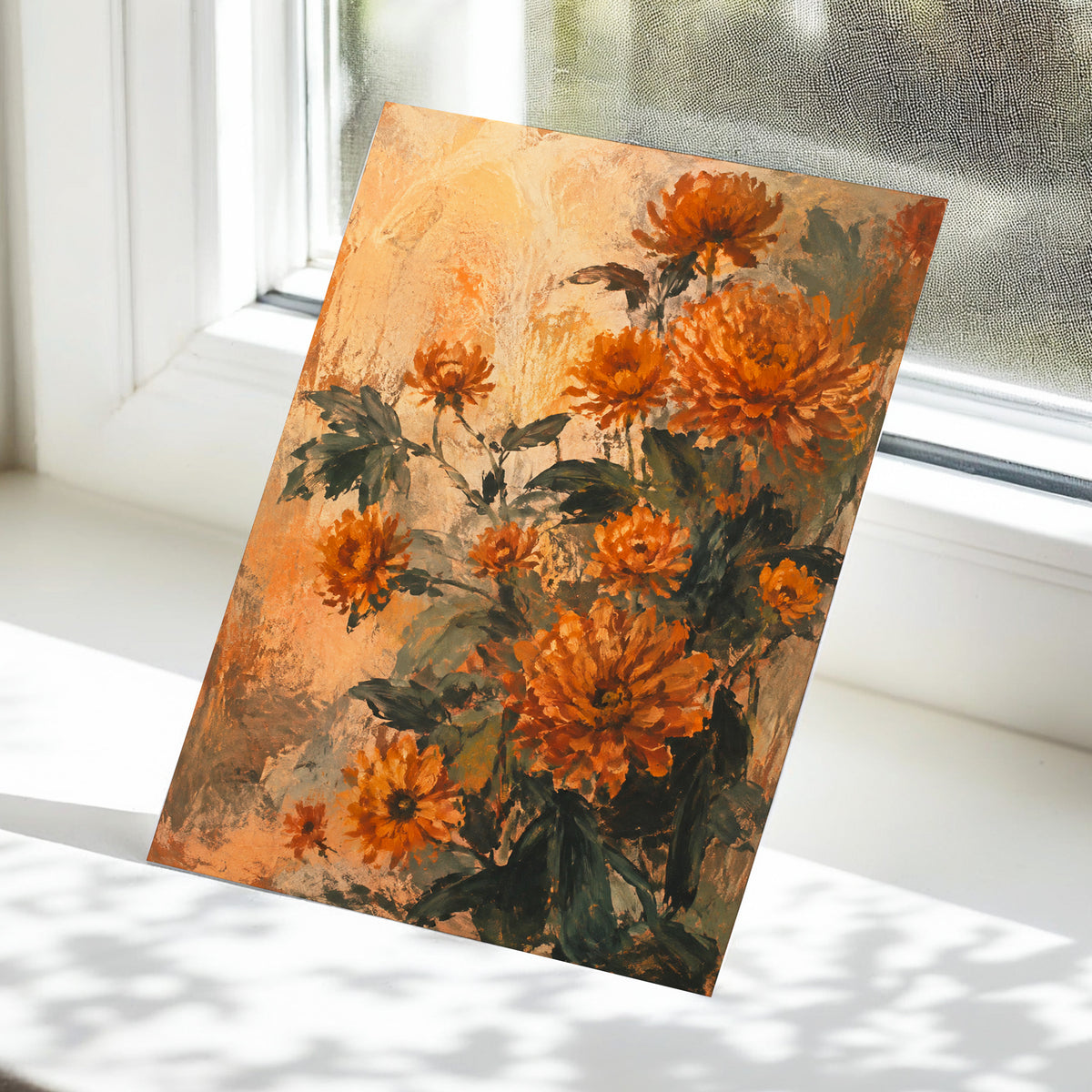 Amber Petal Reverie, orange, green, beige floral wall art displayed in a styled interior, gallery view 5