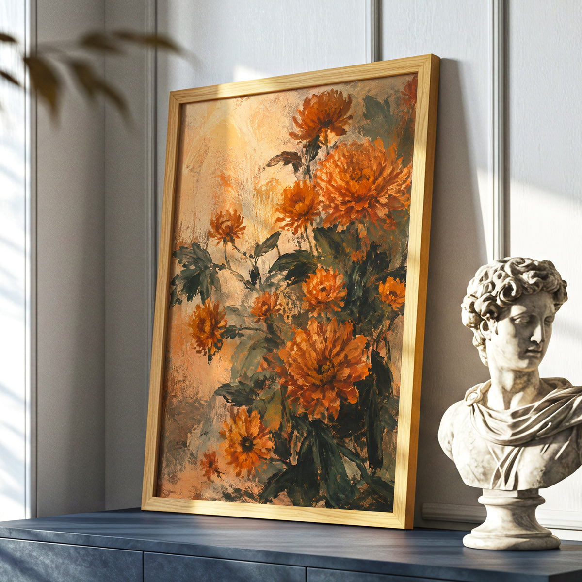 Amber Petal Reverie, orange, green, beige floral wall art displayed in a styled interior, gallery view 6