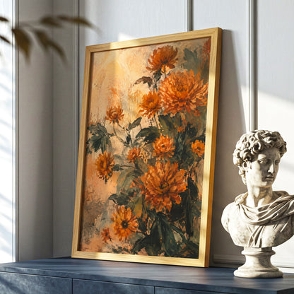 Amber Petal Reverie, orange, green, beige floral wall art displayed in a styled interior, gallery view 6