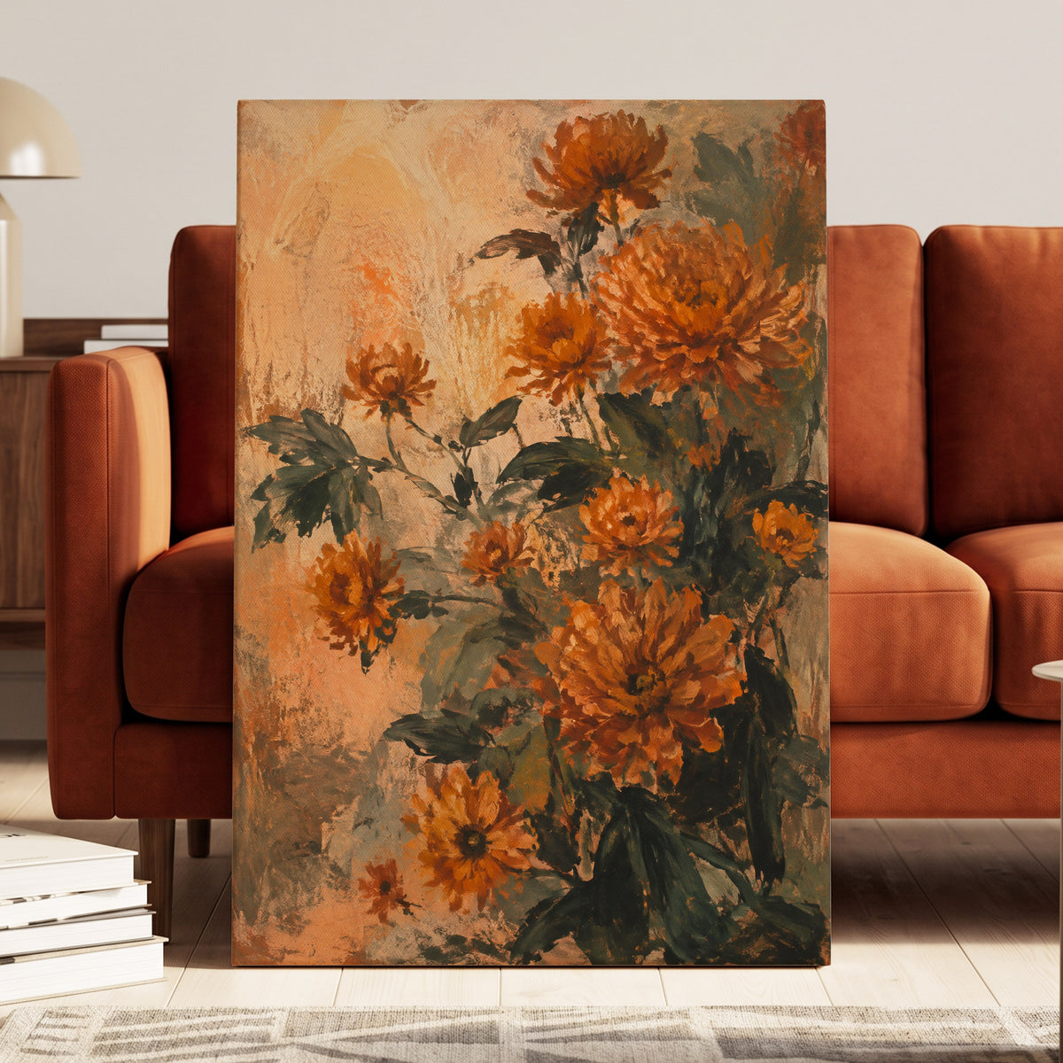 Amber Petal Reverie, orange, green, beige floral wall art displayed in a styled interior, gallery view 7