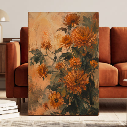 Amber Petal Reverie, orange, green, beige floral wall art displayed in a styled interior, gallery view 7
