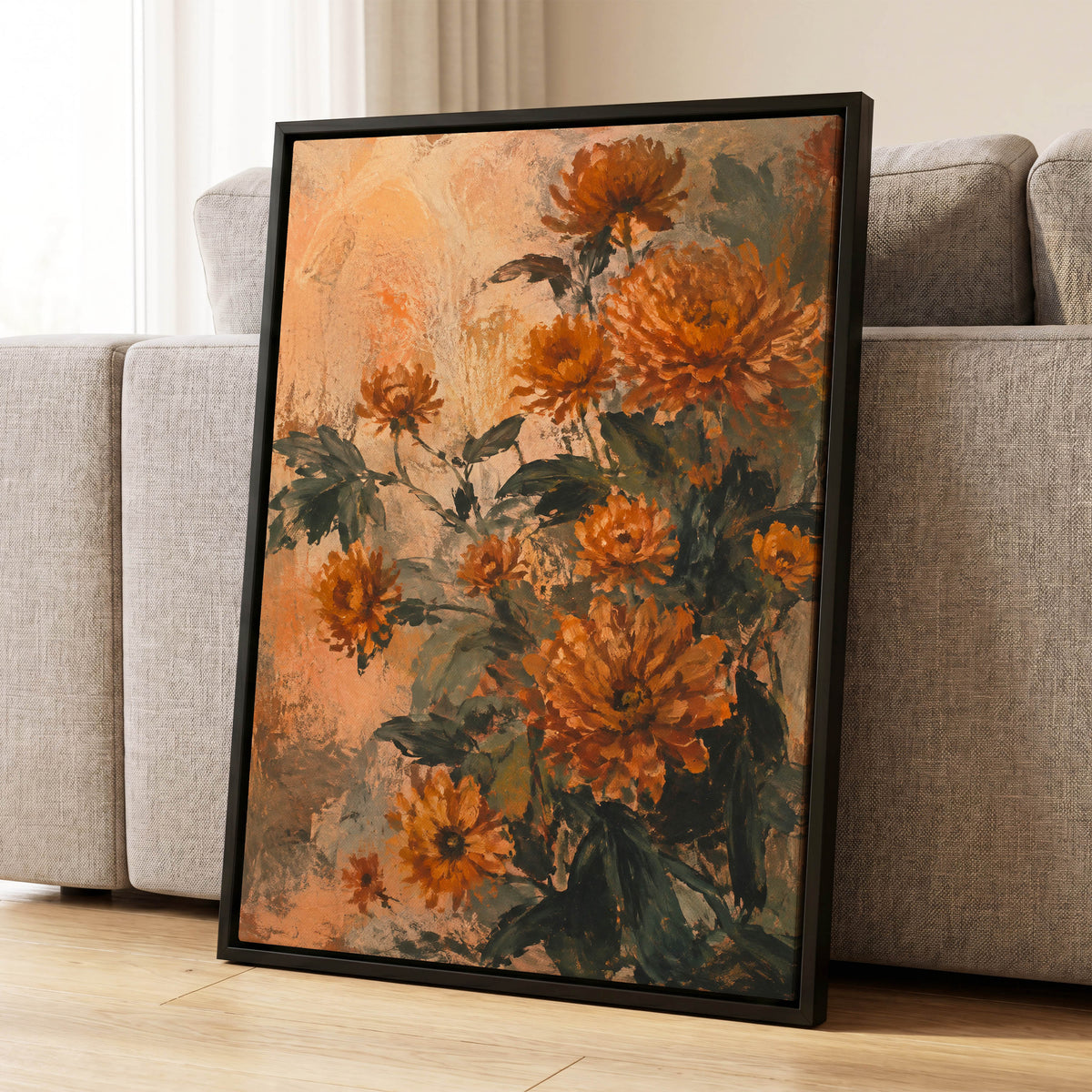 Amber Petal Reverie, orange, green, beige floral wall art displayed in a styled interior, gallery view 8