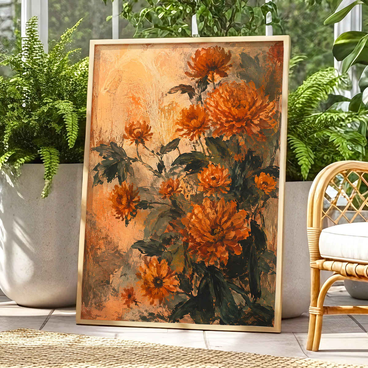 Amber Petal Reverie, orange, green, beige floral wall art displayed in a styled interior, gallery view 9