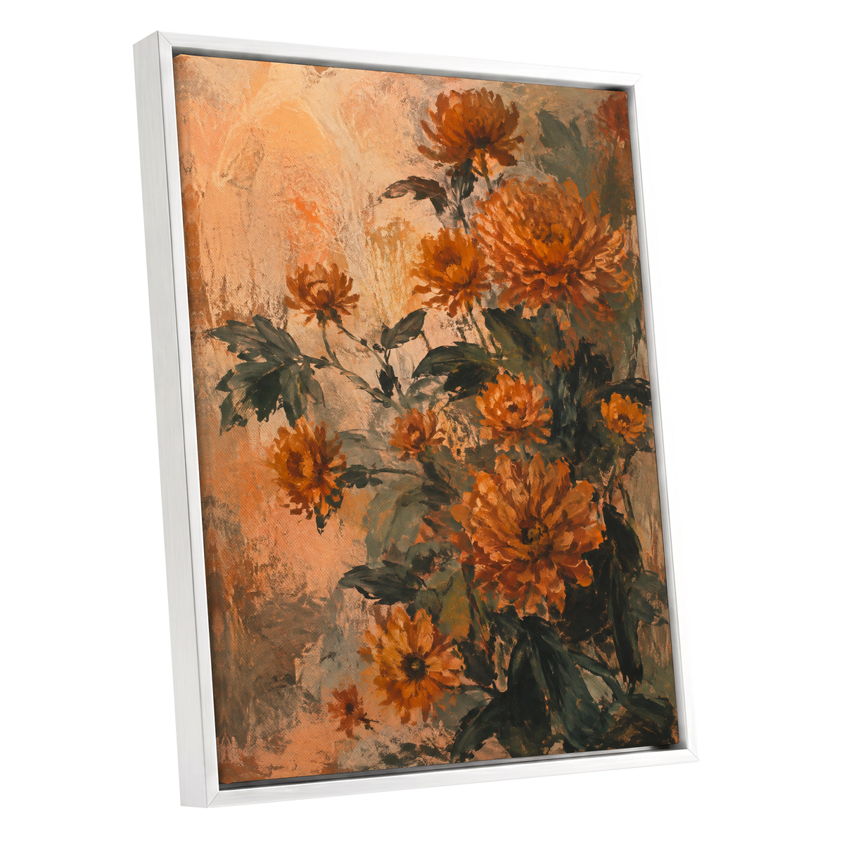 Amber Petal Reverie, orange, green, beige floral wall art shown as a white framed canvas wall art