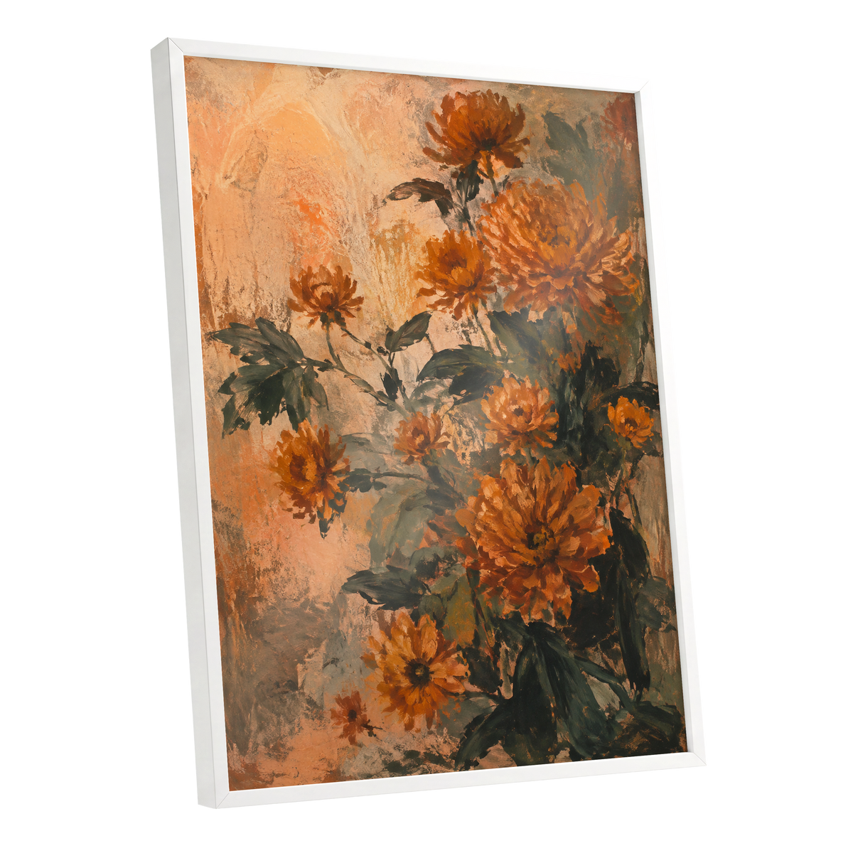 Amber Petal Reverie, orange, green, beige floral wall art shown as a white framed poster wall art print