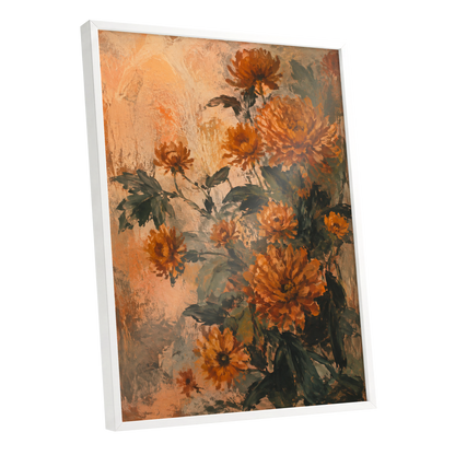 Amber Petal Reverie, orange, green, beige floral wall art shown as a white framed poster wall art print