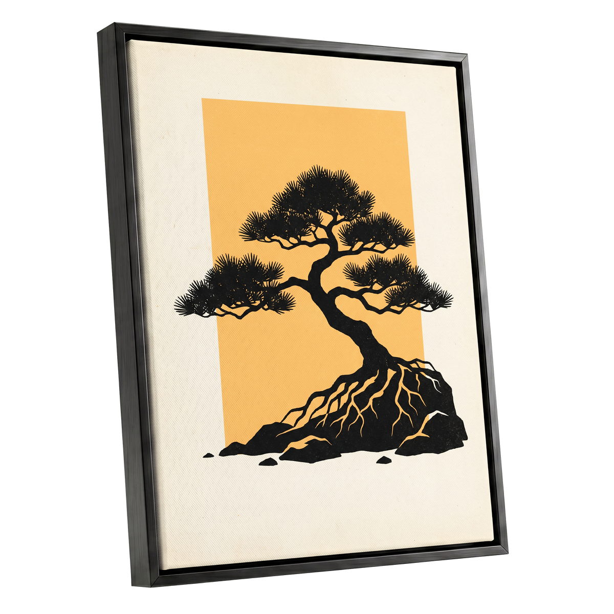 Amber Pine, black, orange, beige nature wall art shown as a black framed canvas wall art