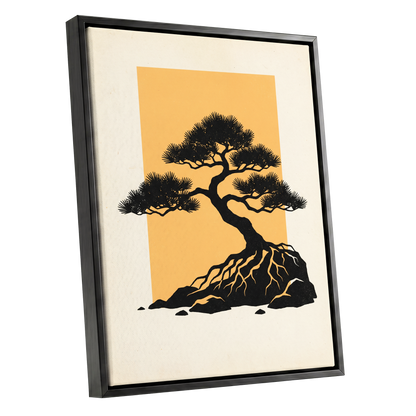Amber Pine, black, orange, beige nature wall art shown as a black framed canvas wall art