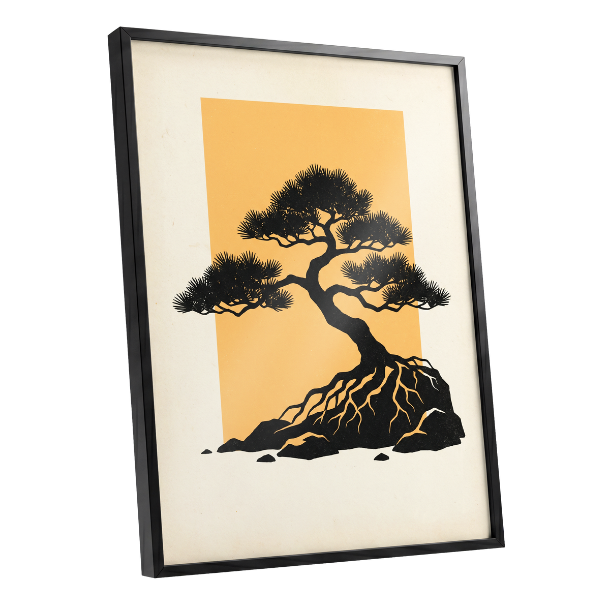 Amber Pine, black, orange, beige nature wall art shown as a black framed poster wall art print