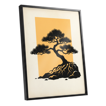 Amber Pine, black, orange, beige nature wall art shown as a black framed poster wall art print