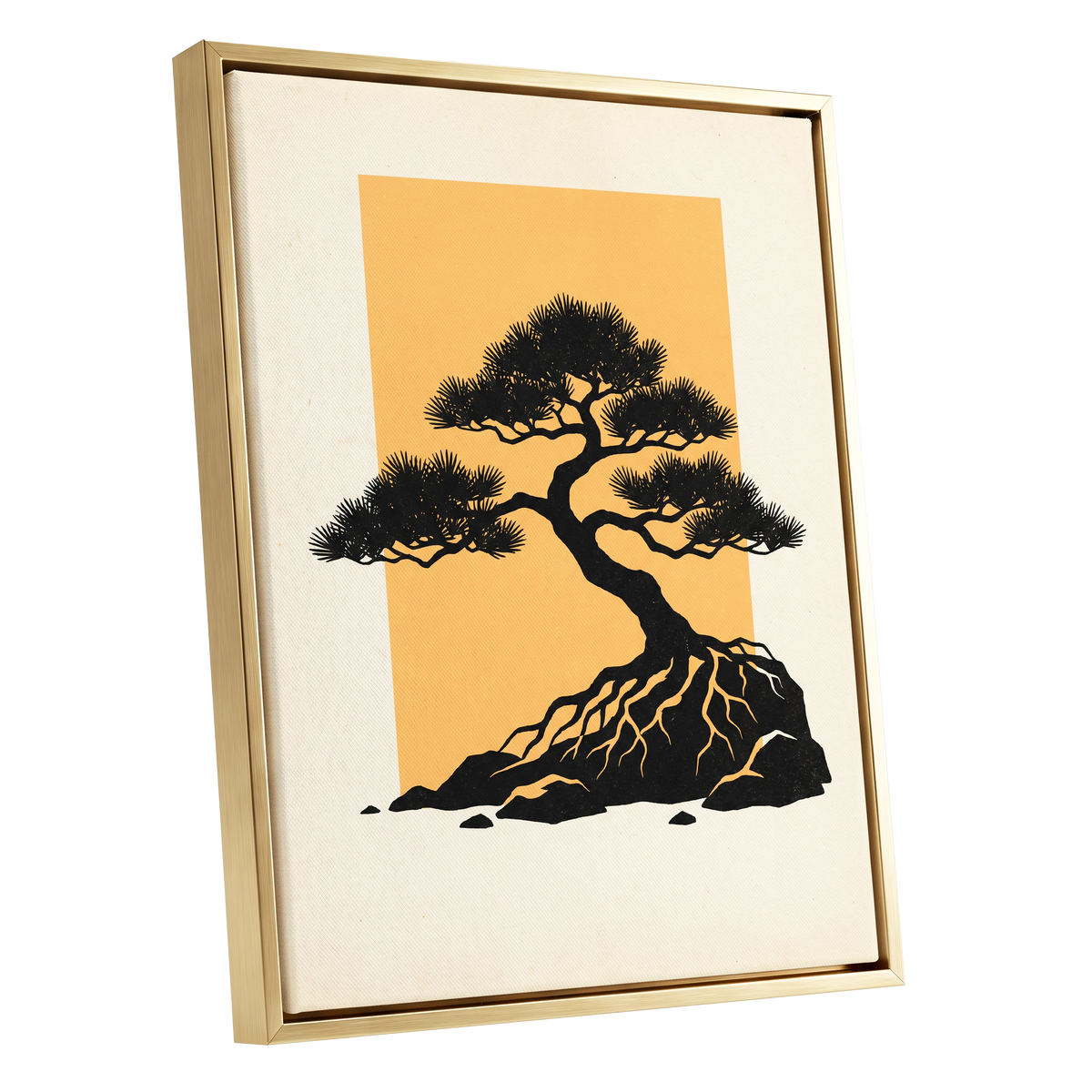 Amber Pine, black, orange, beige nature wall art shown as a gold framed canvas wall art