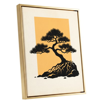 Amber Pine, black, orange, beige nature wall art shown as a gold framed canvas wall art