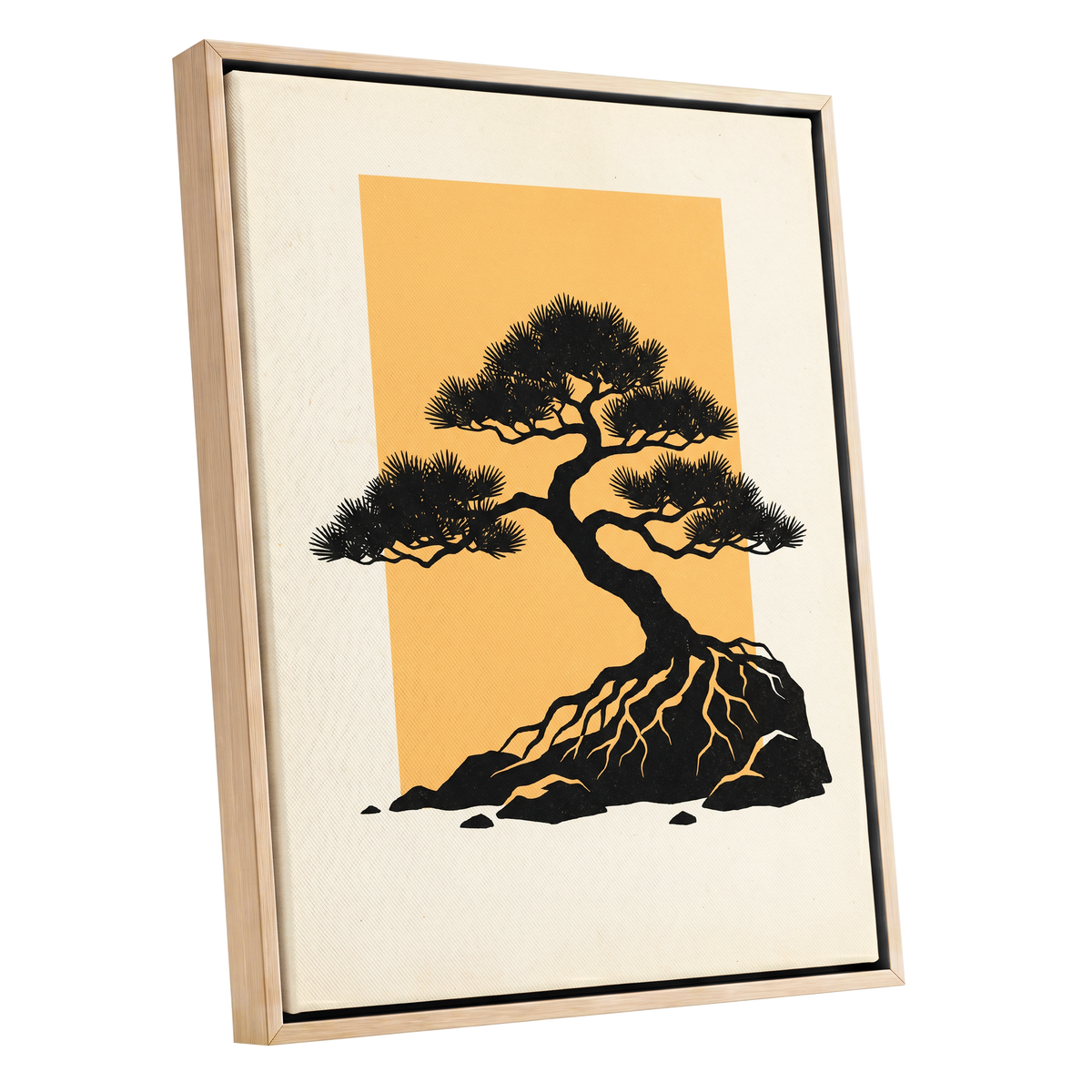 Amber Pine, black, orange, beige nature wall art shown as a oak framed canvas wall art