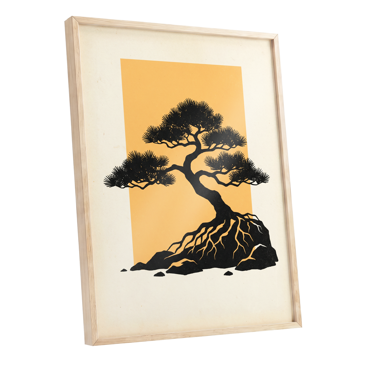 Amber Pine, black, orange, beige nature wall art shown as a oak framed poster wall art print