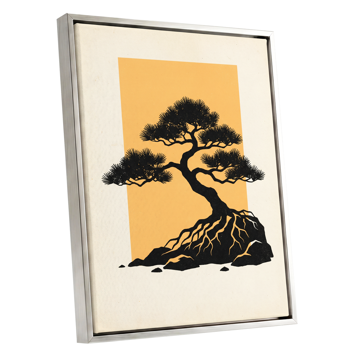 Amber Pine, black, orange, beige nature wall art shown as a silver framed canvas wall art