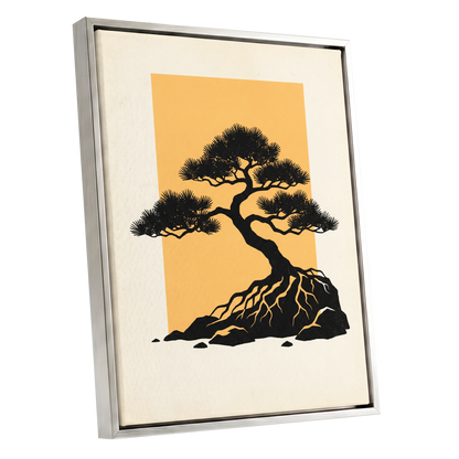 Amber Pine, black, orange, beige nature wall art shown as a silver framed canvas wall art