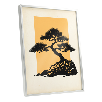 Amber Pine, black, orange, beige nature wall art shown as a silver framed poster wall art print