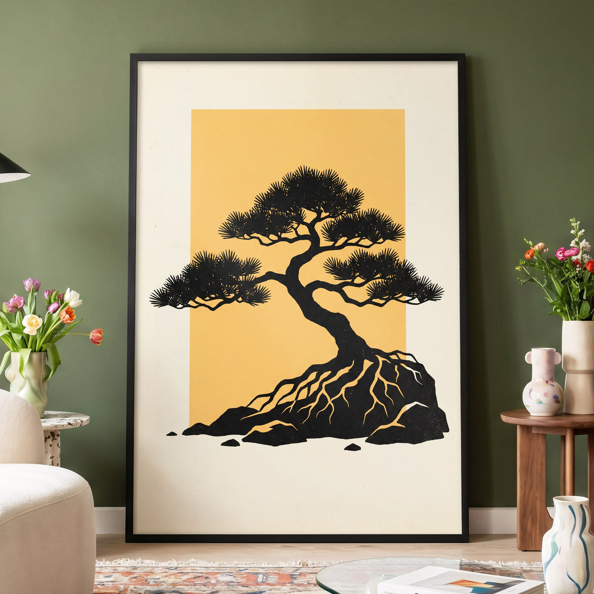Amber Pine, black, orange, beige nature wall art displayed in a styled interior, gallery view 2