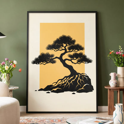 Amber Pine, black, orange, beige nature wall art displayed in a styled interior, gallery view 2