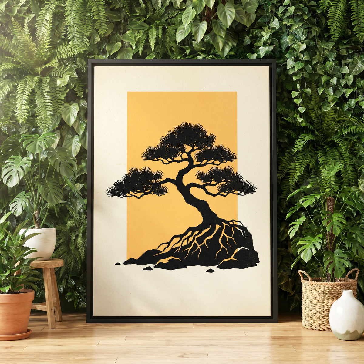 Amber Pine, black, orange, beige nature wall art displayed in a styled interior, gallery view 4