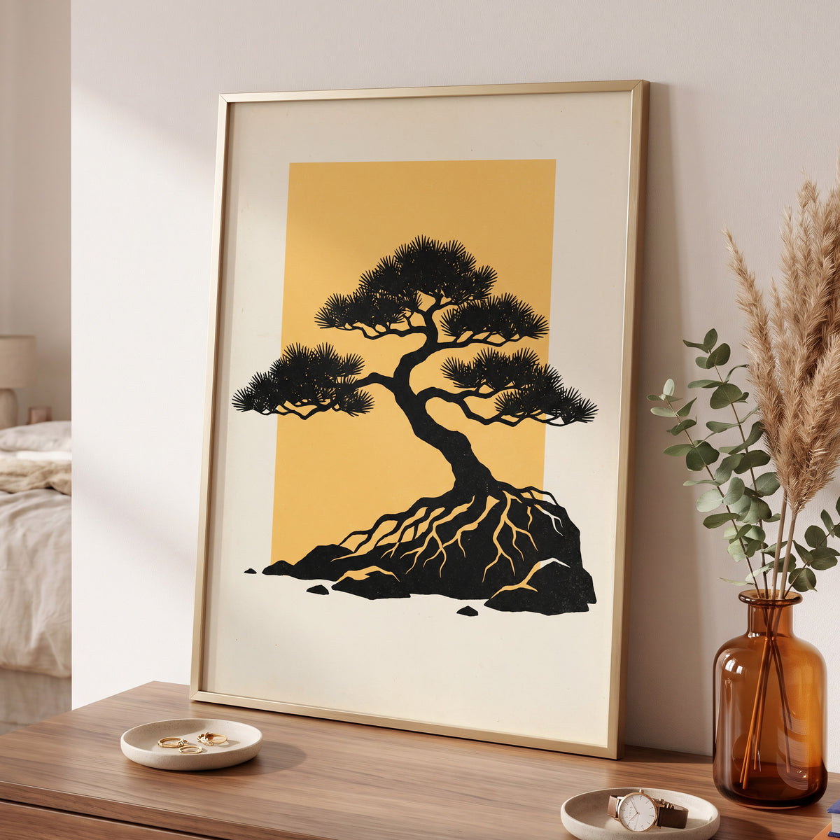 Amber Pine, black, orange, beige nature wall art displayed in a styled interior, gallery view 6