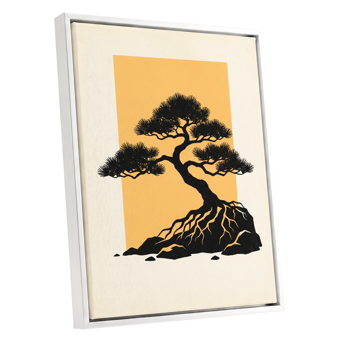 Amber Pine, black, orange, beige nature wall art shown as a white framed canvas wall art