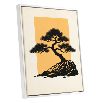 Amber Pine, black, orange, beige nature wall art shown as a white framed canvas wall art