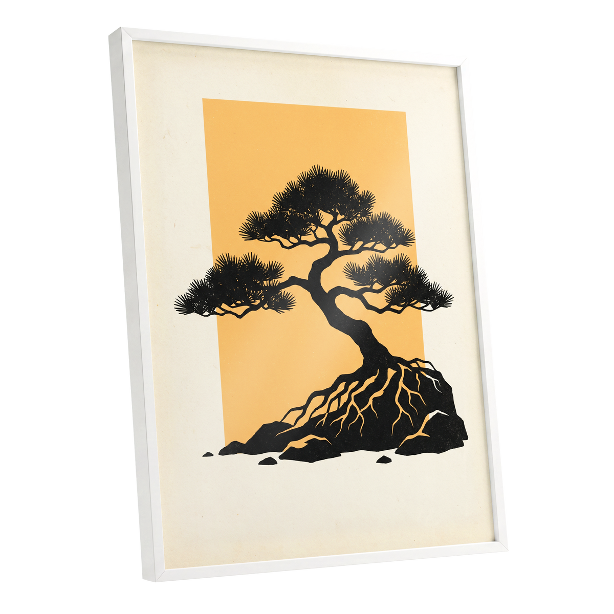 Amber Pine, black, orange, beige nature wall art shown as a white framed poster wall art print