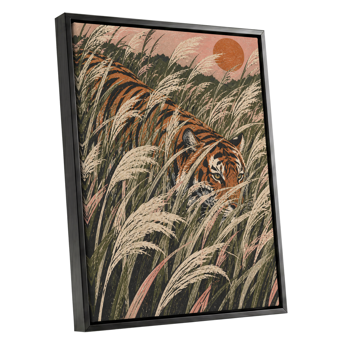 Amber Prowl, orange, black, green nature wall art shown as a black framed canvas wall art