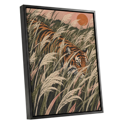 Amber Prowl, orange, black, green nature wall art shown as a black framed canvas wall art