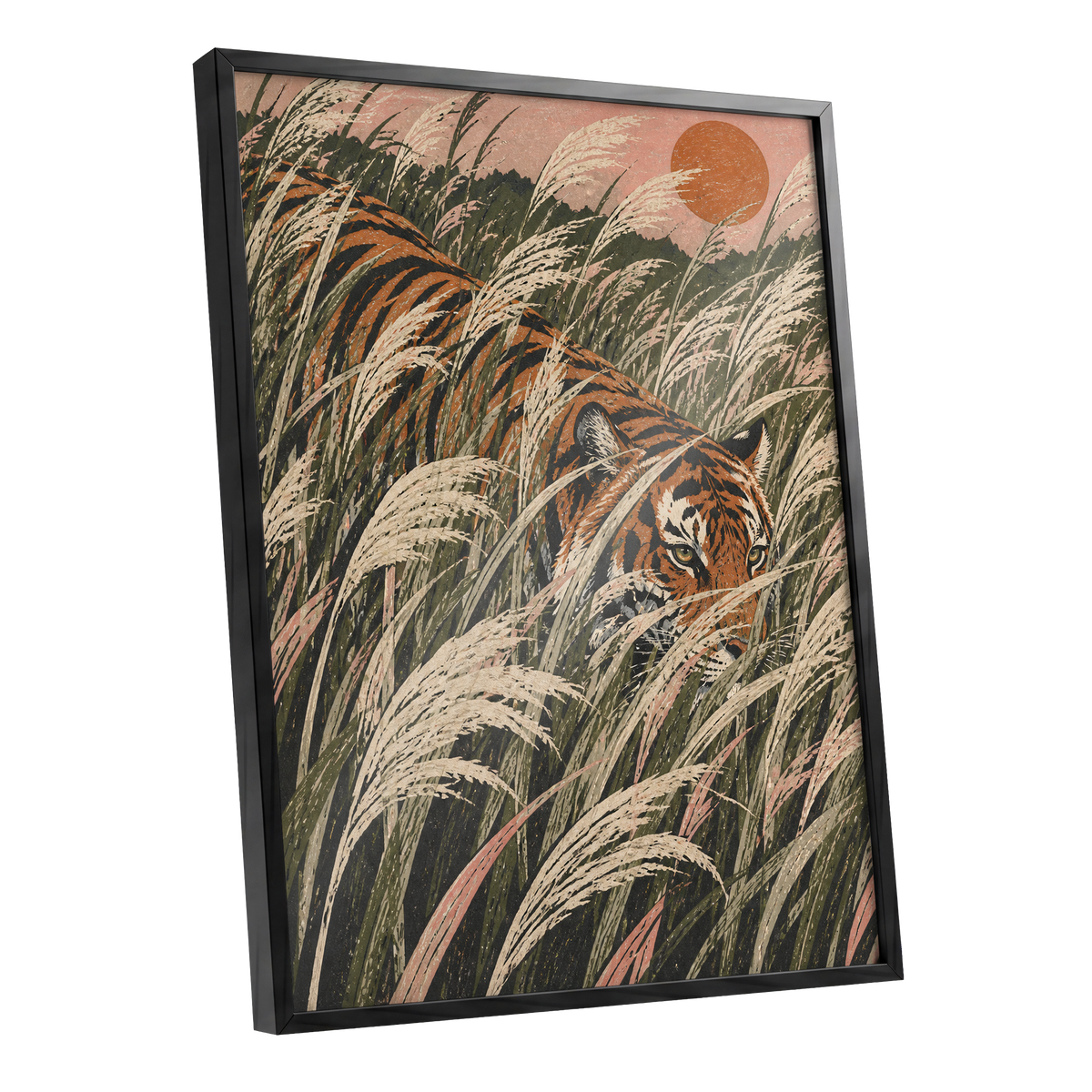 Amber Prowl, orange, black, green nature wall art shown as a black framed poster wall art print