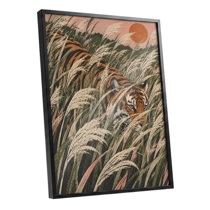 Amber Prowl, orange, black, green nature wall art shown as a black framed poster wall art print