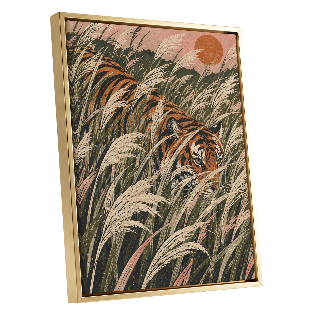 Amber Prowl, orange, black, green nature wall art shown as a gold framed canvas wall art