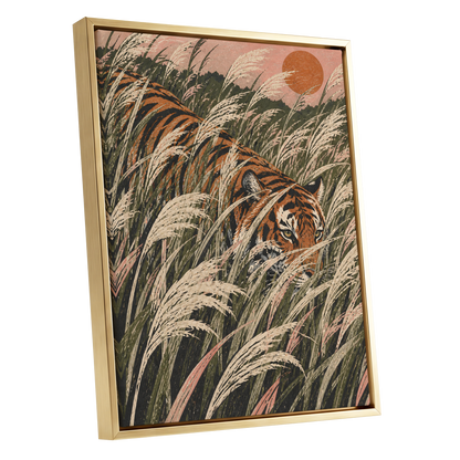 Amber Prowl, orange, black, green nature wall art shown as a gold framed canvas wall art