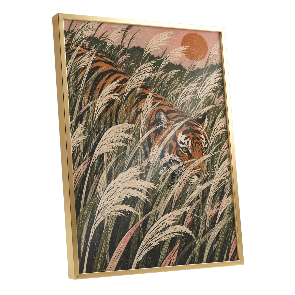 Amber Prowl, orange, black, green nature wall art shown as a gold framed poster wall art print