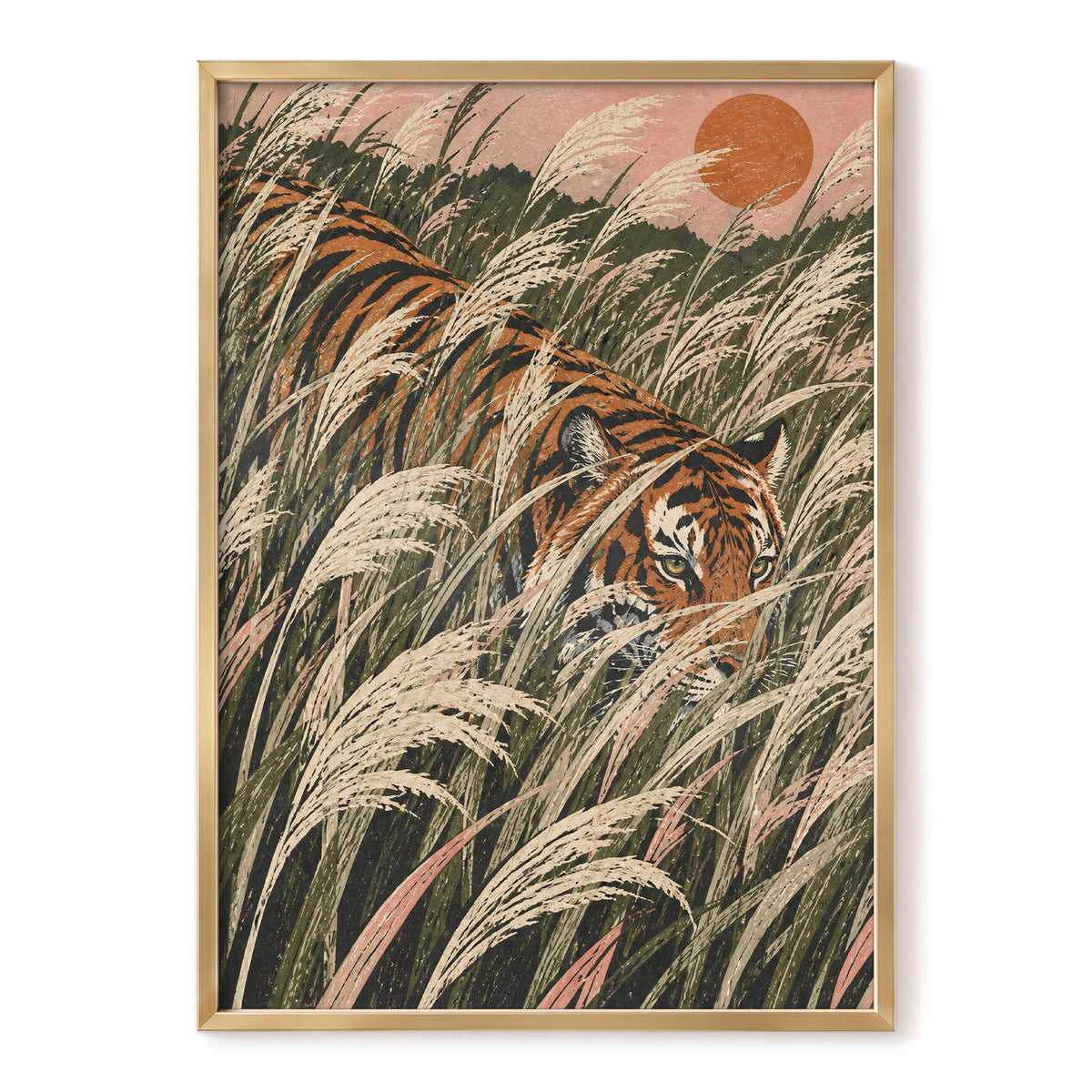 Amber Prowl, orange, black, green nature wall art, front artwork view