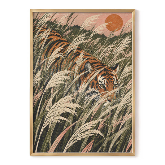 Amber Prowl, orange, black, green nature wall art, front artwork view