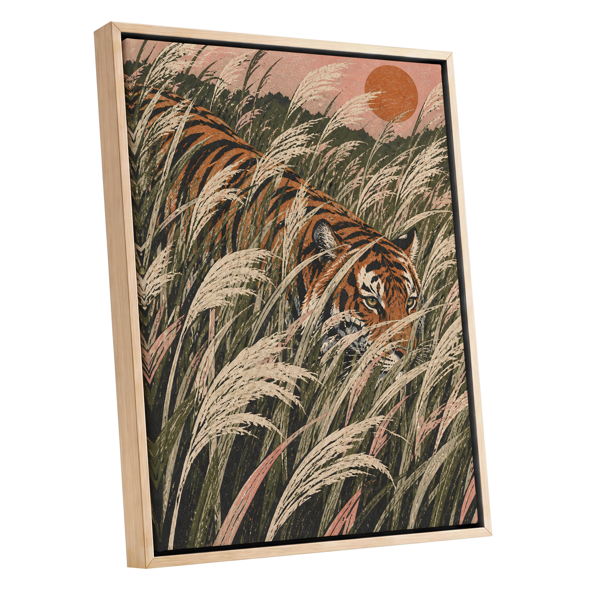 Amber Prowl, orange, black, green nature wall art shown as a oak framed canvas wall art