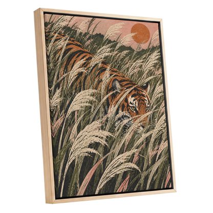 Amber Prowl, orange, black, green nature wall art shown as a oak framed canvas wall art