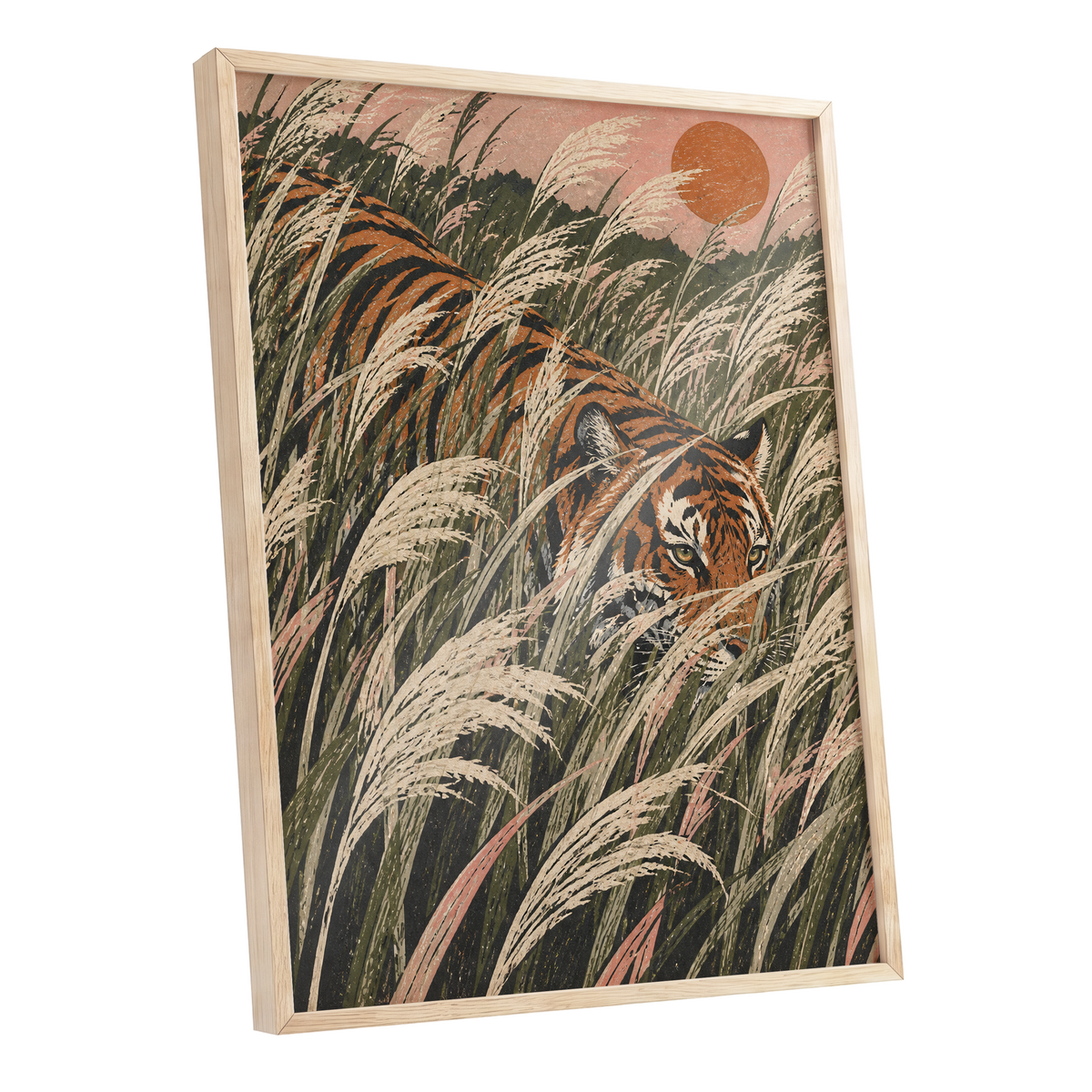 Amber Prowl, orange, black, green nature wall art shown as a oak framed poster wall art print