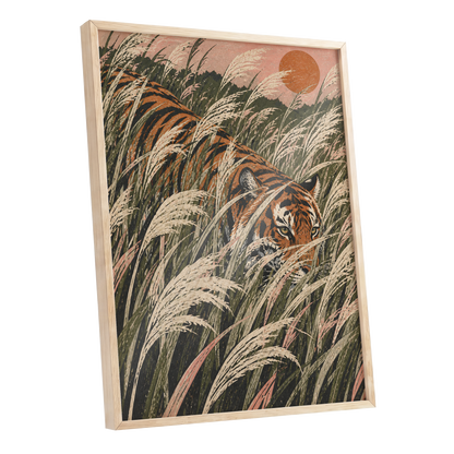 Amber Prowl, orange, black, green nature wall art shown as a oak framed poster wall art print
