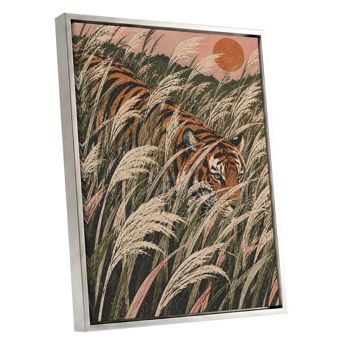 Amber Prowl, orange, black, green nature wall art shown as a silver framed canvas wall art