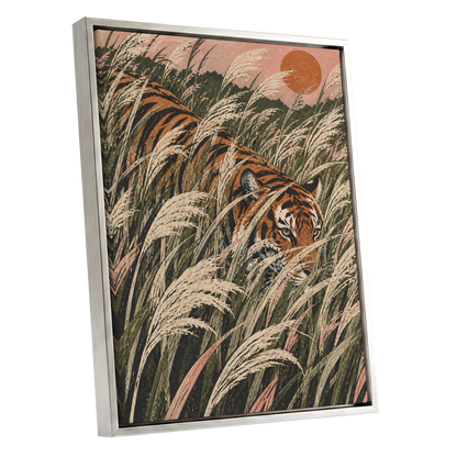 Amber Prowl, orange, black, green nature wall art shown as a silver framed canvas wall art