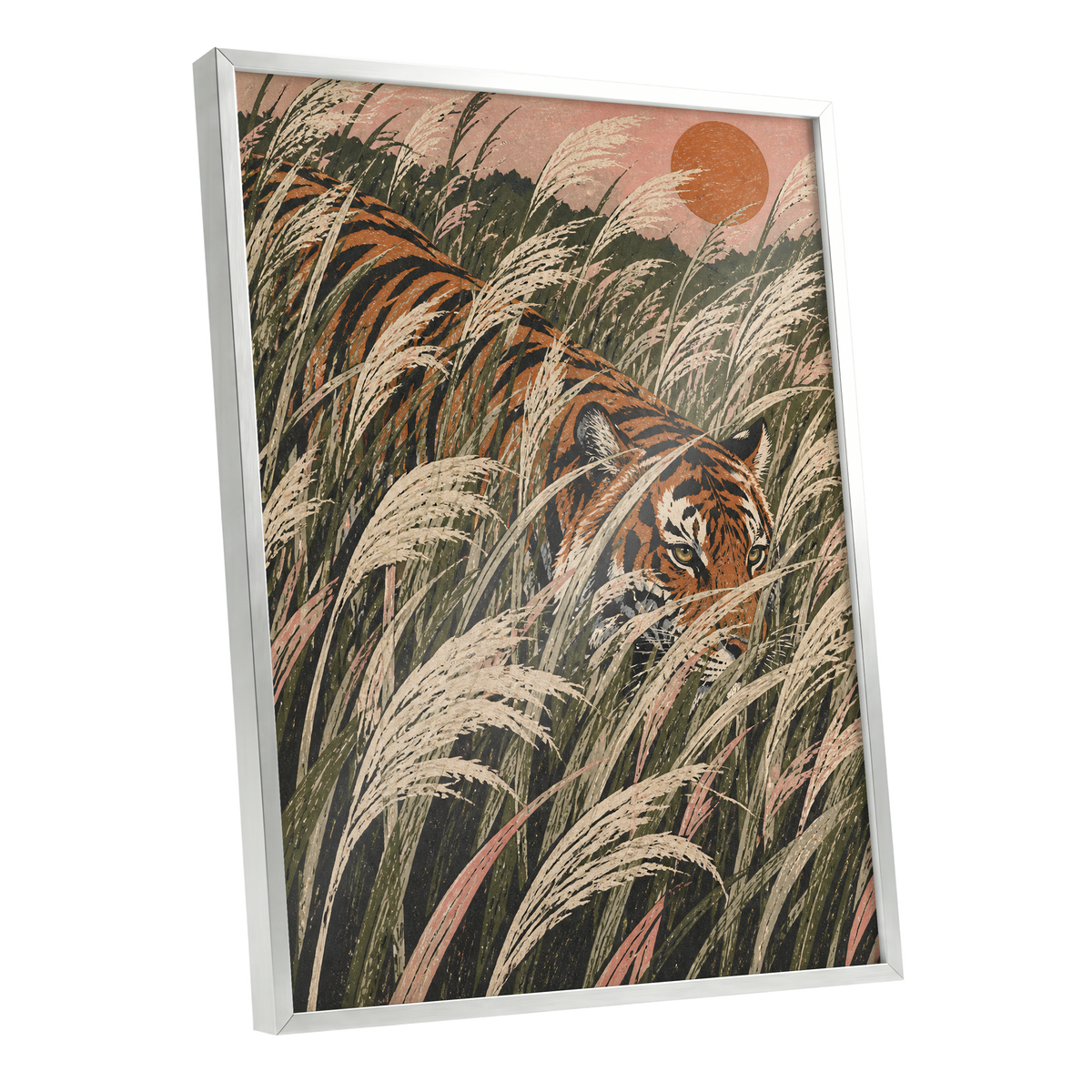 Amber Prowl, orange, black, green nature wall art shown as a silver framed poster wall art print