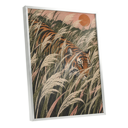 Amber Prowl, orange, black, green nature wall art shown as a silver framed poster wall art print